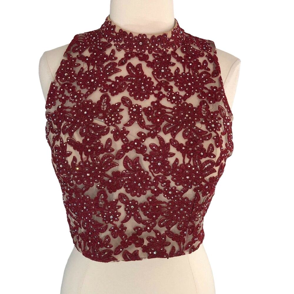 Illusion Evening Sequin Top Sleeveless  Sz 13 Mock Neck Maroon Jodi Kristopher